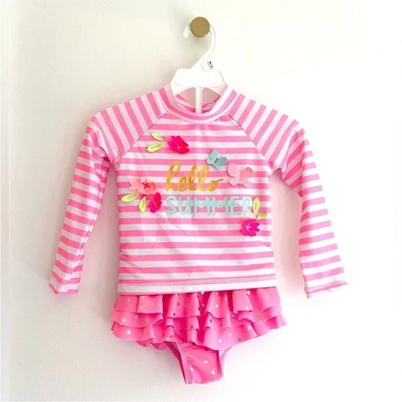 WETSUIT CLUB “Hello Summer” Pink Striped Kids Rashguard Set w/ Flowers Girls 3T - Picture 7 of 10